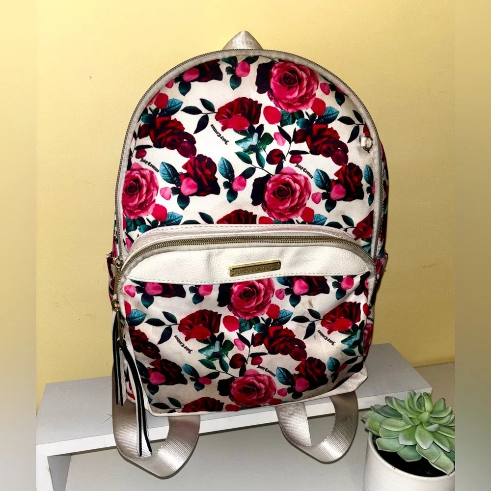 Juicy Couture Rose Pink Red White Backpack Floral  Zipper Whimsy Bookbag Y2K